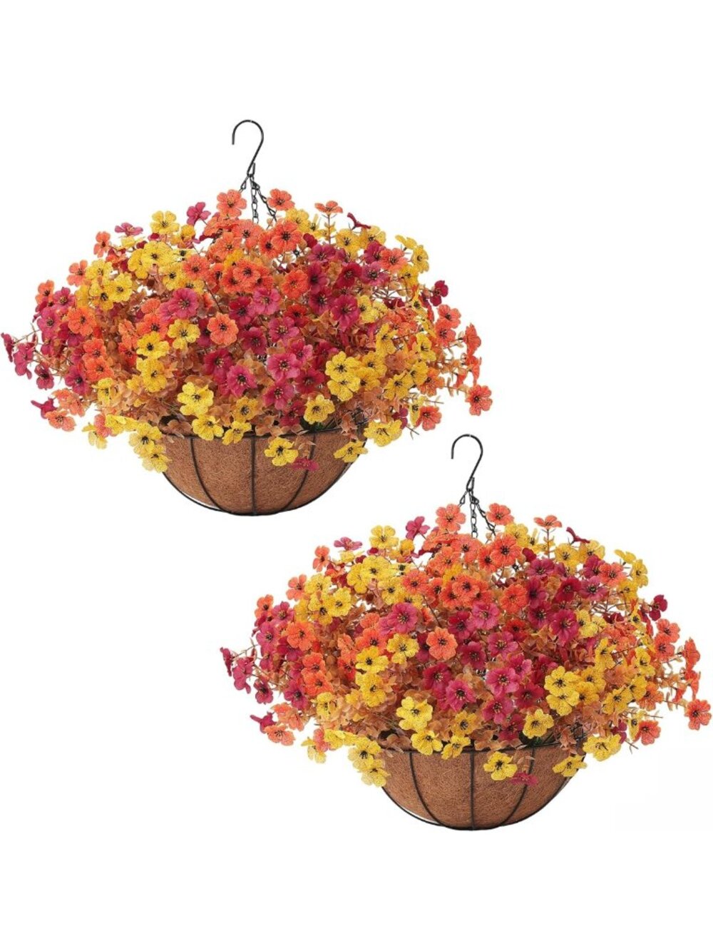 2 Set Faux Fall Mums with Hanging Basket - UV Resistant Silk Flowers for Autumn
